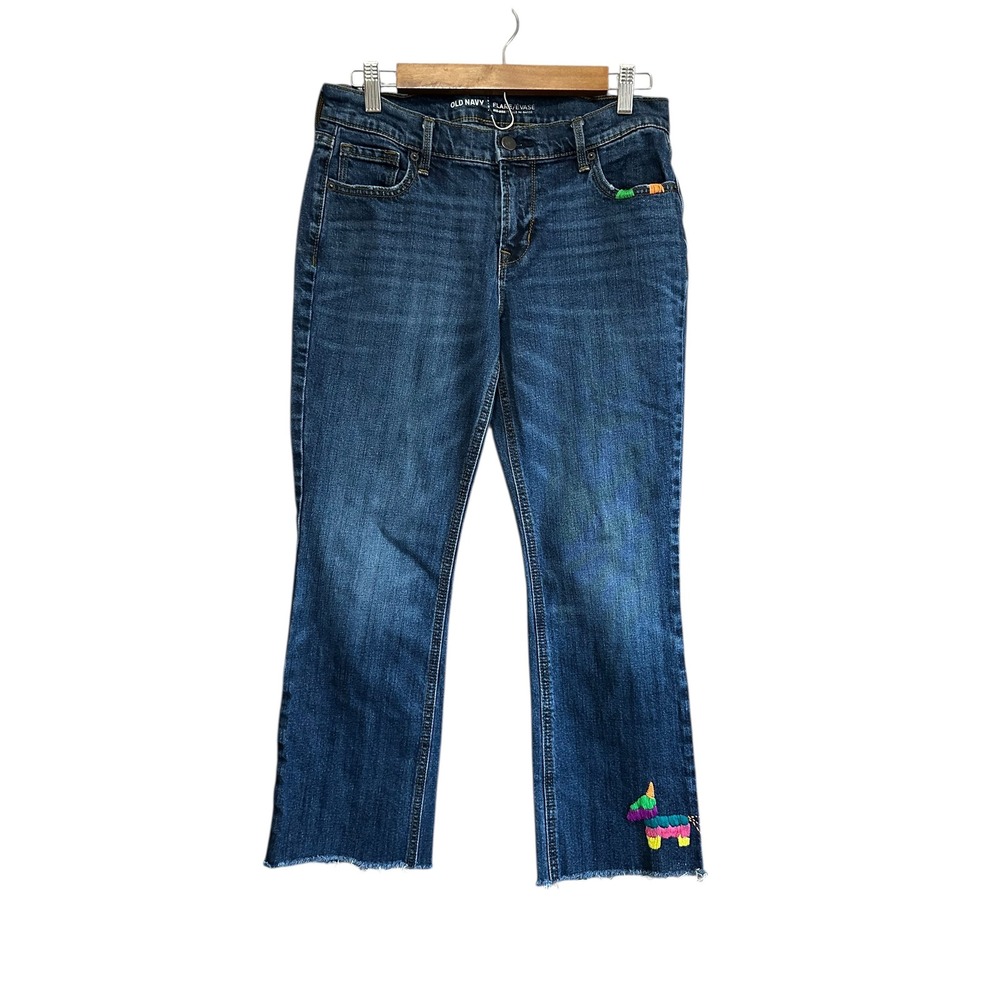 Old Navy Girls Denim Flare Jeans with Piñata Embroidery‎ Raw Hem Size 6